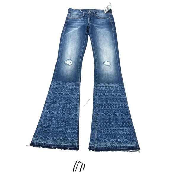 Mavi Size 27 Blue Faded Distressed Embellished Raw Hem Flare Leg Boho Jeans NWT - Picture 2 of 10